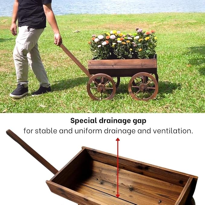Wood Wagon Planter for Outdoor Balcony Decor - Garden Rustic Wooden Flower Cart with Wheels for Outside - Garden Decor - Amish Decorative Indoor - Wheelbarrow Planter for Patio