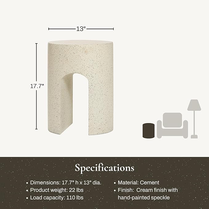 LuxenHome Outdoor Side Table, 18 inch Mod Cream Cement Round with U-Shape Side Table Small Accent Decorative Stool for Garden,Patio, Indoor and Outdoor