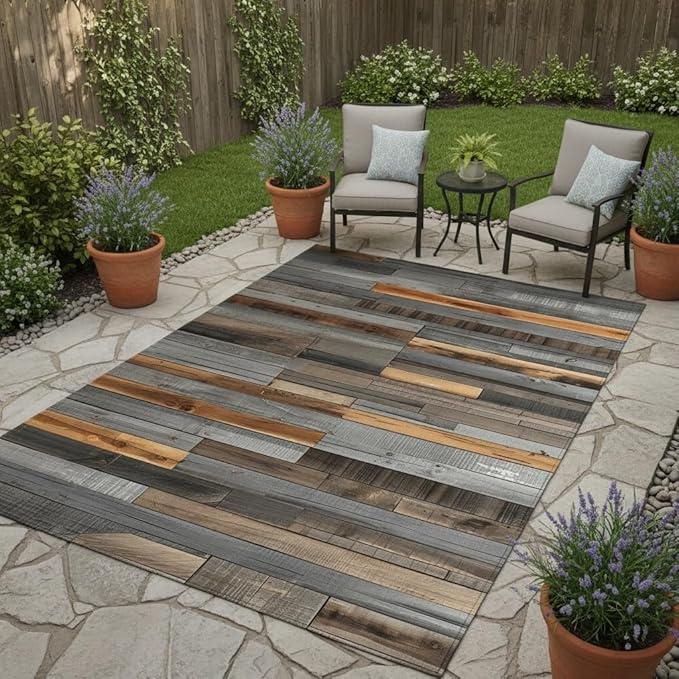 Gray Brown Old Wooden Outdoor Rug 5x8 Rustic Wood Grain Waterproof Outdoor Area Rug for Balcony Backyard Patio Deck Pool Modern Washable Stain Resistant Camping Picnic Outside Carpet Floor Mat