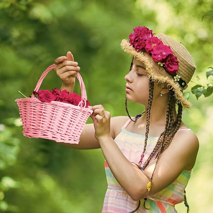 Barydat 6 Pcs Small Wicker Picnic Basket with Handle Flower Girl Baskets Oval Willow Woven Braided Gift Basket for Easter Weddings Baby Shower Home Garden Decor (Pink,9" x 7" x 4")
