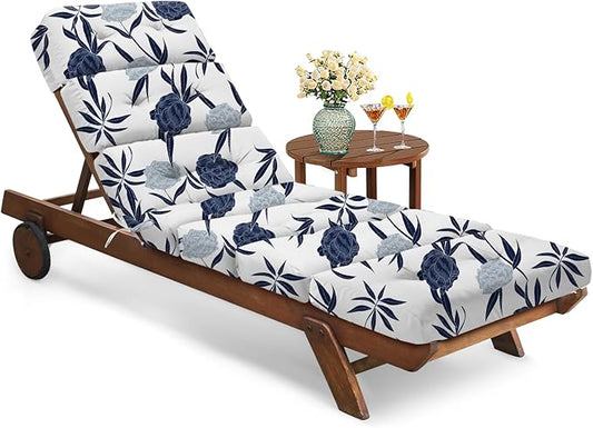All Weather Chaise Lounge Cushions Outdoor Lounge Chair Cushion, Waterproof Memory Foam Chaise Lounger Chair Cushion for Outdoor Patio Furniture with Non-Slip Back and Ties, Blue Enchantress