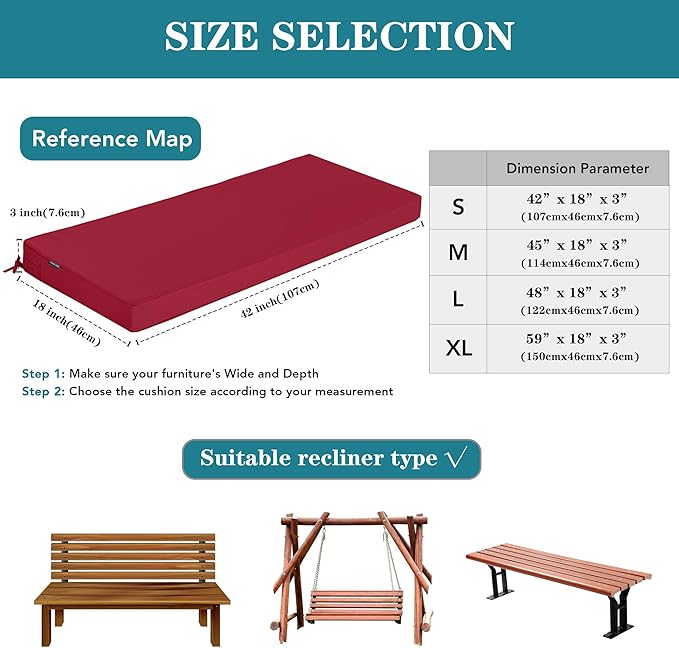 Outdoor Bench Cushions 59 x 18 Inch Thick Waterproof Porch Swing Cushions with Tie Patio Furniture Chair Cushion Bench Pad 5 Year Color Fastness Backyard Seat Pads Burgundy