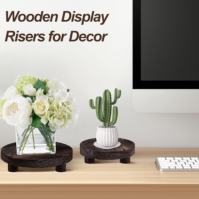 3 Pcs Wood Plant Stand Indoor Outdoor, Wooden Stool Display Stand 5/6/8" Round Riser Flower Pot Holder with Raised Edge Small Planter Tray Modern Potter Decorative for Garden Desktop Home Table Counter Room (Dark Brown)