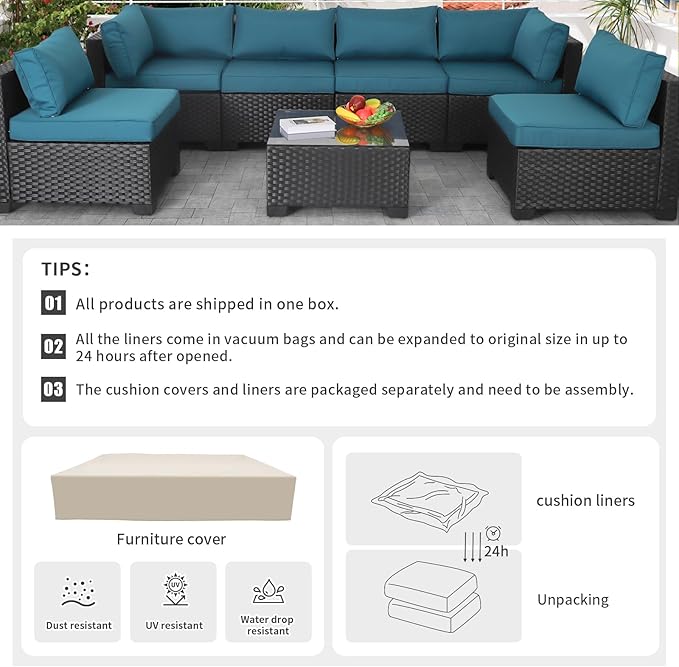 Valita Outdoor Furniture Replacement Cushions, Fits 6-seat Sectional Rattan Conversation Set, Patio Water-Resistant Replacement Sofa Cushions, Liner&Cover (Peacock Blue)