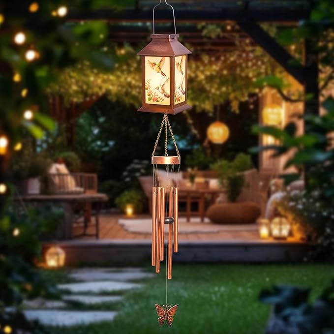 Hummingbird Solar Lighten Wind Chime with Lantern Design - Outdoor Decorative Wind Bells for Garden, Porch, Balcony - Relaxing Nature Sounds- Gifts for mom，Friend，Sister，Grandma