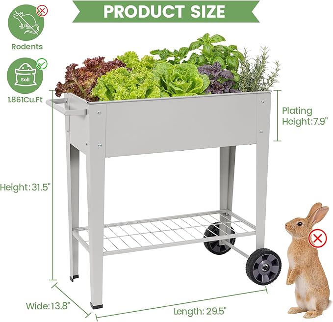 Tall Raised Garden Bed Outdoor with Wheels, Metal Elevated Raised Planter Box with Drainage Holes for Vegetables, Flower, Herbs(Grey)