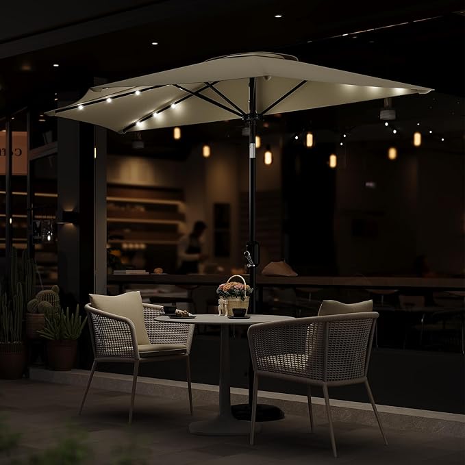 Garvee Patio Umbrella 9FT - Half Umbrella Outdoor with Solar LED Lights and Smooth Crank Lift, Outdoor Shade Canopy for Patio, Backyard, Garden, Deck, Balcony -Beige