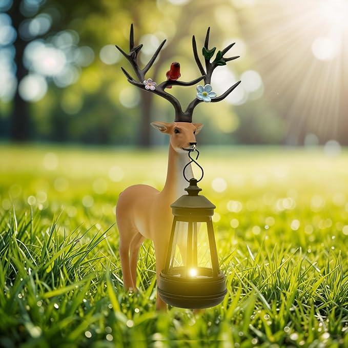 Solar Lantern Garden Statues Decor, 12" Outdoor Deer Figurine Lights for Yard Patio Decoration - Unique Christmas Housewarming Gift for Grandma Wowen Mom