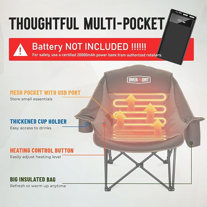Overmont Heated Oversized Camping Chair for Adults - 3 Heat Levels Seat & Back Separately Control - 400lbs Support Heavy Duty Padded Folding Chair Outdoor Garden Portable - Battery NOT Included