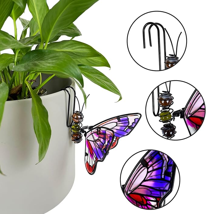 3Pcs Iron Glass Butterfly Garden Decor, Painted Hanging Butterfly Figurines Ornaments, Outdoor Flower Pot Plant Pot Hanger Pendant for Garden Yard Decoration