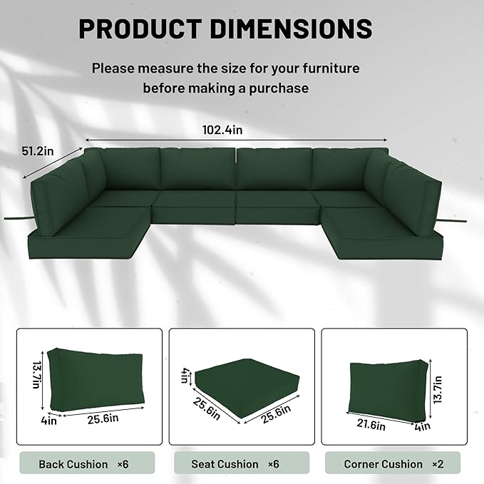 14 Piece Outdoor Sectional Cushions, Water-Resistant Outdoor Sofa Cushions Replacement, 4" High Density Foam Patio Furniture Cushions Fits 6-seat Rattan Conversation Set (Dark Green)