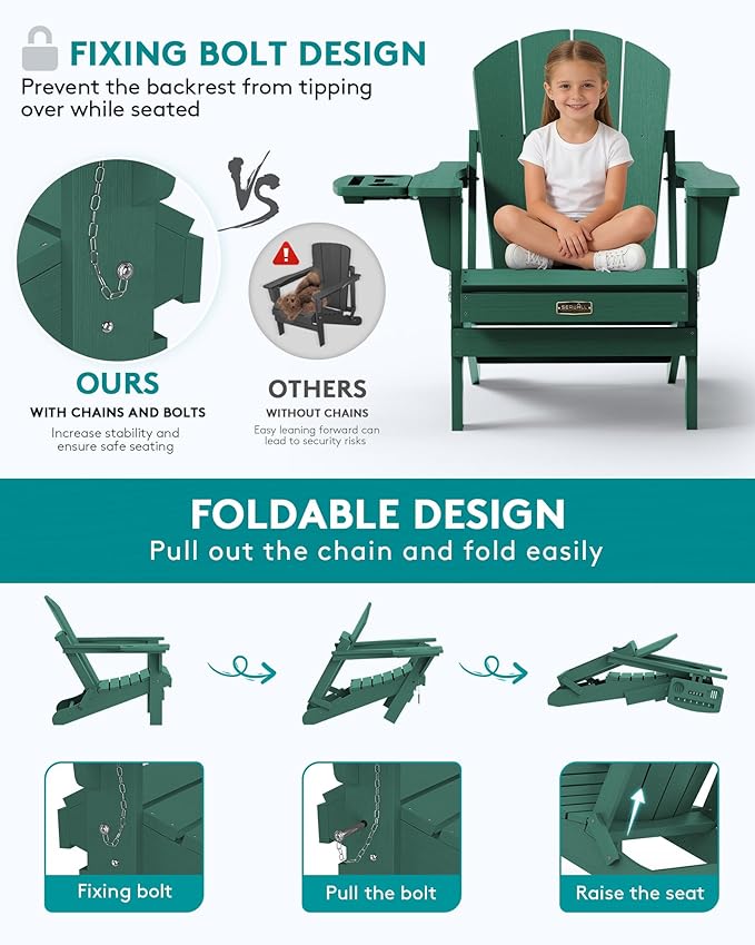 SERWALL Folding Adirondack Chair Set of 2, HIPS Adirondack Chairs with 4 in 1 Cup Holder, Weather Resistant Plastic Chairs for Patio Garden Outdoors Fire Pit - Green