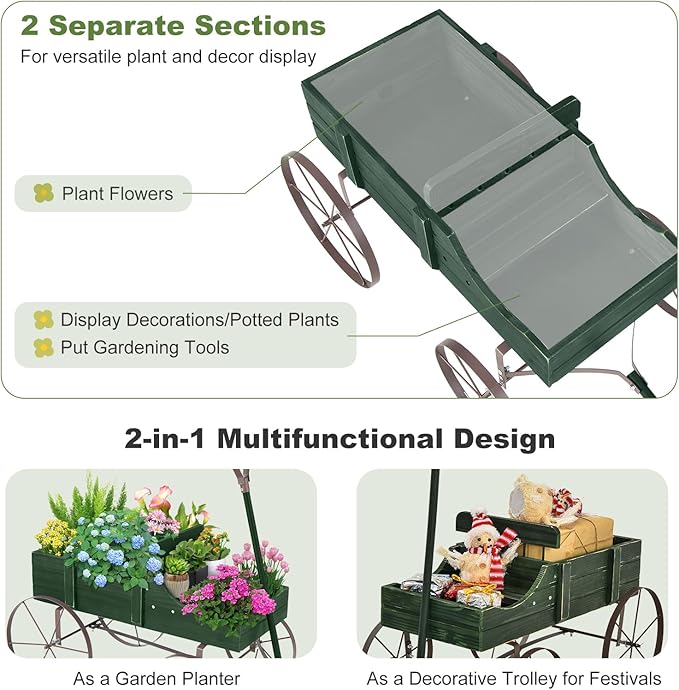 Wooden Wagon Planter, Decorative Garden Wheelbarrow Planter with 2 Planting Sections, Rolling Wheels, Adjustable Handle, Small Wagon Cart Planter Stand for Flowers Vegetables Herbs (Green)