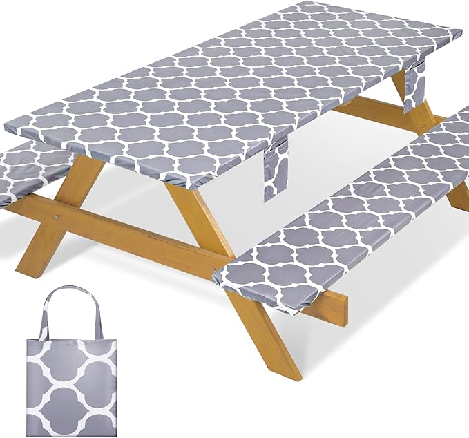 Fitted Waterproof Picnic Table Cover with Bench Covers Elastic Polyester 72In Camping Tablecloths for 6Foot Rectangle Tables Summer Fall Glamping Roadtrip Stuff Festival Vacation Items Gift