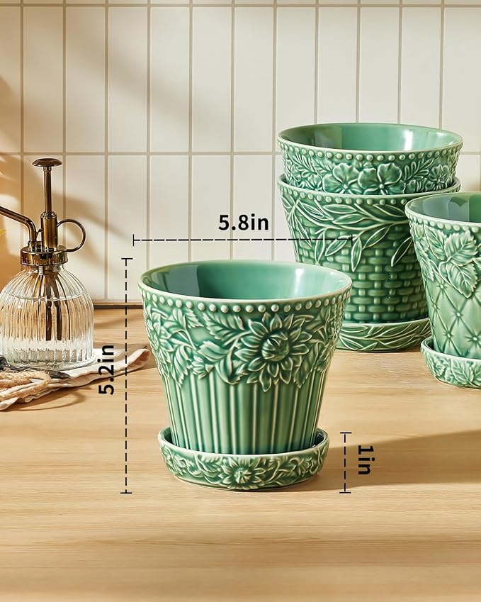 Ceramic Plant Pots, 5.8 Inch Flower Pots for Indoor Plants, Planters with Drainage Hole & Saucer, Green Planters for Succulent, Orchid, Cactus, Home Decor, Set of 4, Green