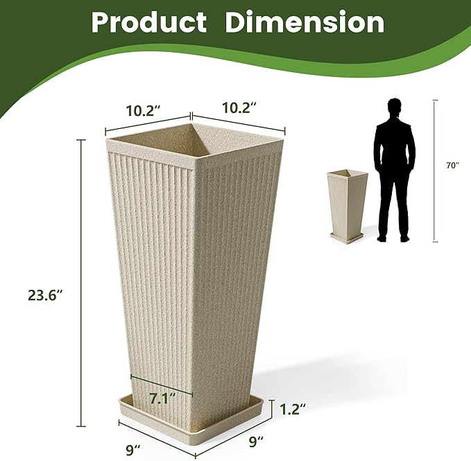 Tapered Tall Planters for Outdoor Plants 2 Pack- 23.6 Inch Heavy-Duty Classic Square Indoor Flower Pots with Drainage Holes/Partition/Tray, Large Outdoor Planters for Porch Patio, Beige