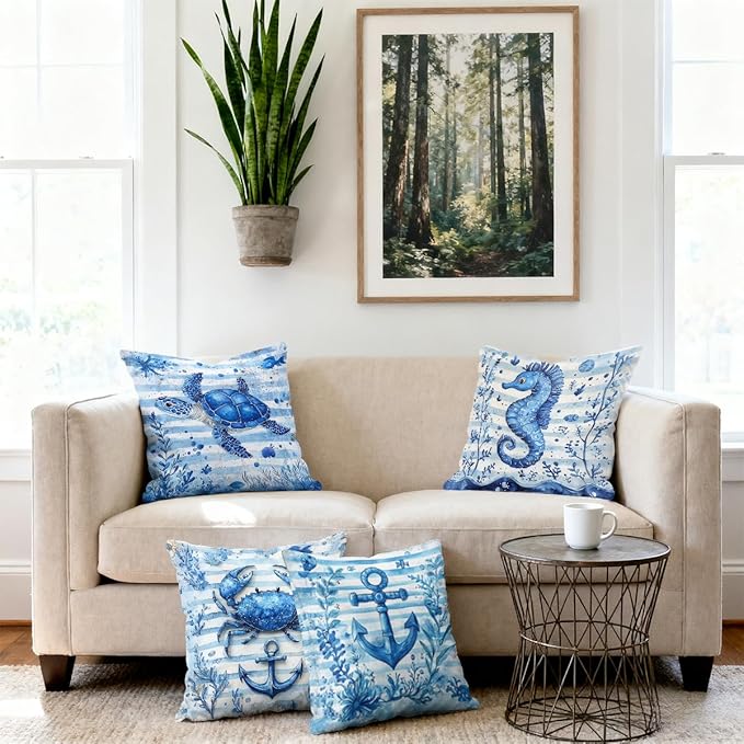 Ocean Pillow Covers 18x18 inch Set of 4, Blue Seahorse Coral Watercolor Nautical Cushion Case Outdoor Sofa Throw Pillows Cover Garden Pillow Covers for Couch Living Room Bed Indoors Home Decor