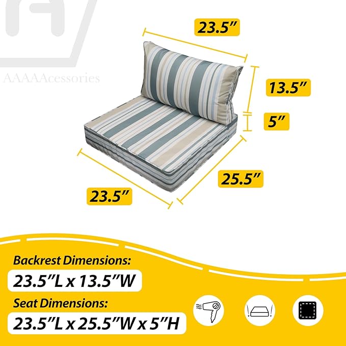 AAAAAcessories Outdoor Seat Cushions for Chairs, Fade-Resistant, Waterproof Patio Furniture Replacement Cushions, 23.5" x 25.5" x 5" + 23.5" x 13.5", Slate Gray Blue Coastal Stripe