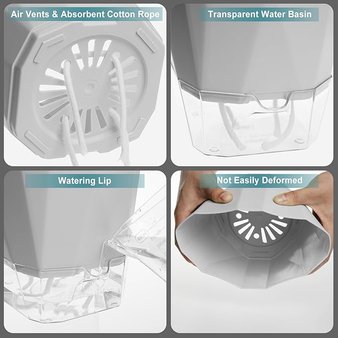 3 Pack Self Watering Flower Pots 6.5 Inch, Plant Pots for Indoor Outdoor, Self Watering Planters with Wick Rope and Clear Reservoir