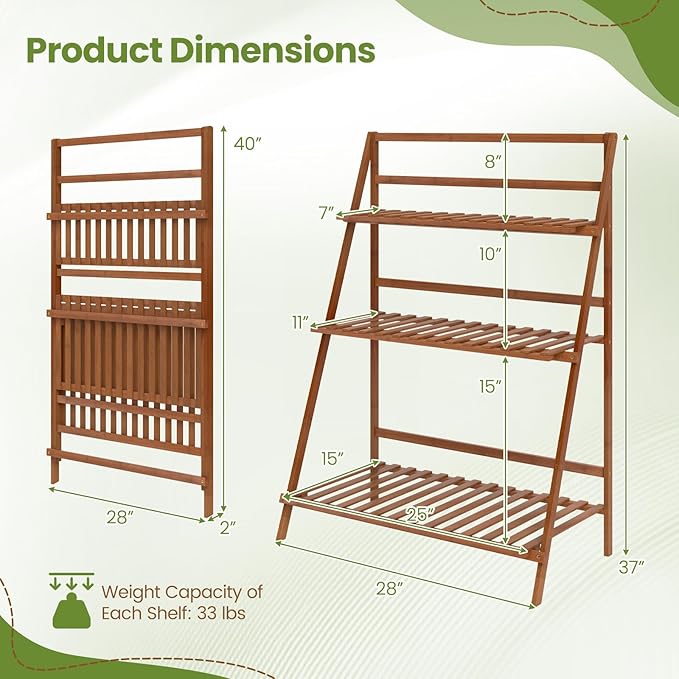 Plant Stand, 3 Tier Bamboo Ladder Plant Stand with Foldable Design, Anti-falling Crossbar, Freestanding Plant Shelf for Indoor Outdoor, Living Room Balcony Patio Garden