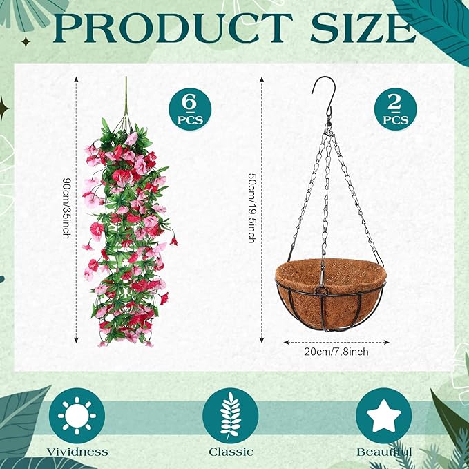 Hotop 2 Set Artificial Hanging Flower Basket and 6 Pcs Bougainvillea Silk Vine Flower for Outdoor Indoor UV Resistant Faux Hanging Plant Coconut Lining Planter Pot(Rose Red, Pink)