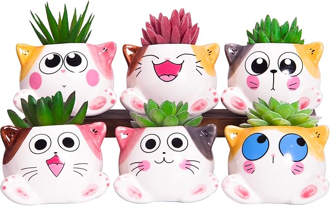 Cute Succulent Pots with Drainage Cat Planters for Indoor Plants 3.4 Inch Tiny Animal Planters Mini Cat Pots Small Ceramic Flower Pot Cartoon Cactus Plant Pots Set of 6