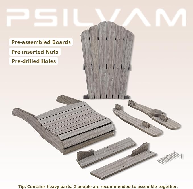 Psilvam Oversized Adirondack Chair, Fade-Resistant & Odor-Free Poly Lumber Fire Pit Chairs with Cup Holder, Weatherproof Lawn Chair, Easy 15 Min Install Patio Chair, 350 Lbs Support (2, Light Gray)
