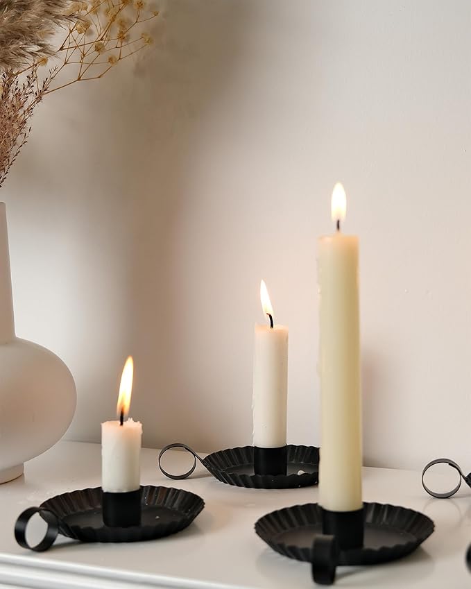 DN DECONATION Candlestick Candle Holders, Black Metal Candle Stick Holders for Taper Candlesticks, Farmhouse Candle Holders, Small Iron Candle Holder with Handle, Set of 3