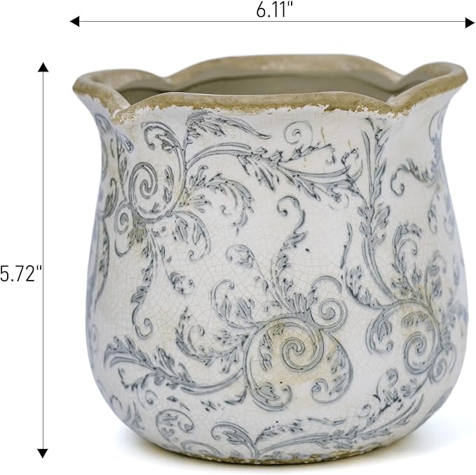 Rustic Ceramic Planter, 6 Inch Tuscan Vintage Flower Pot with Drainage, Farmhouse Garden Pot for Indoor Plants, Kitchen & Garden Tuscan Decor, Plant Lover Gift (Grey)