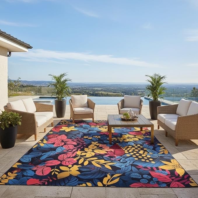 Floral Outdoor Rug 5x7 Modern Dark Blue Red Yellow Botanical Flower Area Rugs for Patio Garden Deck Porch Balcony Waterproof Non Slip Camping Yard Large Carpet Thin Washable Low Pile Floor Mat