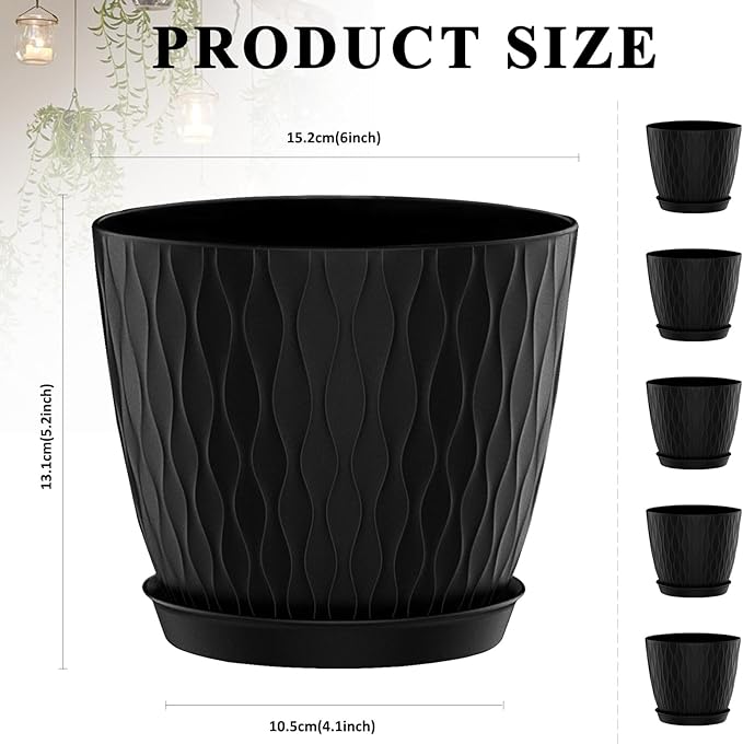 Flower Pots Outdoor Clearance 6 inch Set of 5 Succulent Planters for Indoor Plants Garden Home Holiday, Plastic Nursery Pots for Plants with Drainage Holes and Saucer, Modern Plant Pot Black