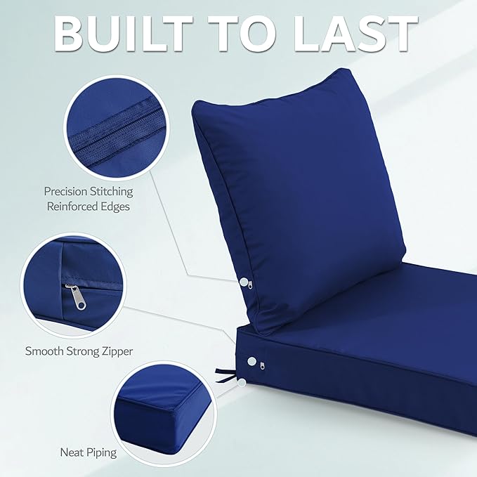 24x24 Inch Outdoor Chair Cushions Set of 2, Patio Furniture Cushions - Removable Cover, Water-Repellent, Fade-Resistant, Non-Slip Bottom & Straps, Replacement for Deep Seat Sofa & Couch - Navy