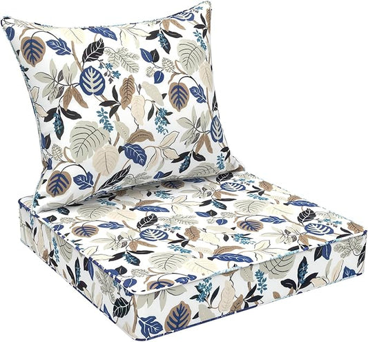 Outdoor Deep Seat Cushion Set, Water Repellent 24"x24" Patio Thick Cushions Replacement with Seat & Back Pillow for Patio Sofa, Wicker Chair, Couch - Breeze Leaves Beige