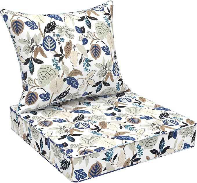 Outdoor Deep Seat Cushion Set, Water Repellent 22"x22" Patio Thick Cushions Replacement with Seat & Back Pillow for Patio Sofa, Wicker Chair, Couch - Breeze Leaves Beige