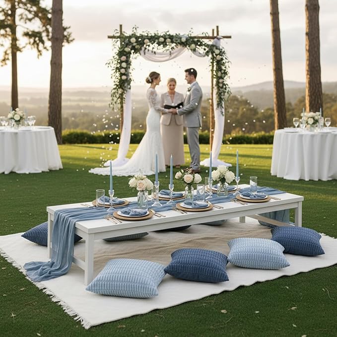 91 x 71 Extra Large Outdoor Boho Picnic Blanket with Gray Blue Table Runner, 6 Throw Pillow Covers 6 Napkins Woven Cotton Yarn Oversize Beach Blanket Washable Picnic Camp Wedding