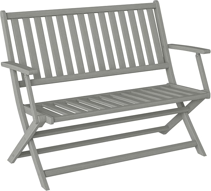 Outsunny Wood Outdoor Bench, 2-Person Foldable Patio Acacia Wood Garden Bench with Backrest and Armrests for Garden, Porch, Park, Balcony, Gray