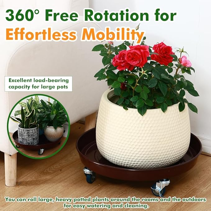 3 Packs 20 inches Metal Plant Caddy with Wheels Extra-Large Rolling Plant Stand Heavy-Duty Iron Plant Dolly Casters for Indoor Outdoor Flower Pot Mover Roller Coasters, Dark Coffee
