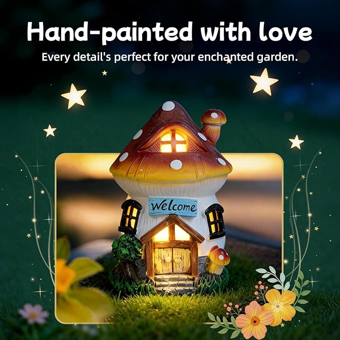 Garden Outdoor Figurines Statue with Solar Lights,Solar Mushroom House Decorations for Yard Outdoor Garden, Patio Yard Lawn, Gifts for Girls Birthday Housewarming Mother's Day (Mushroom House)