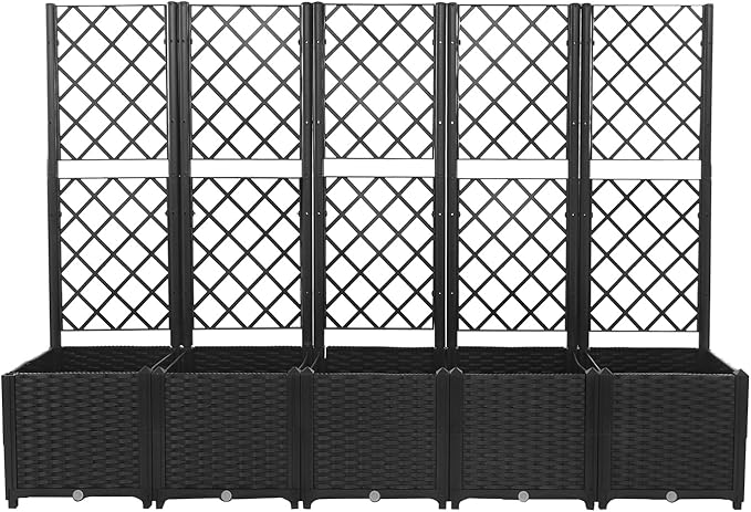 5PCS Raised Garden Bed with Treliis, Freestanding Garden Planter, Detachable Outdoor Planter Box, Vertical Garden Beds with Water Storage Mechanism for Climbing Growing, Backyard (Black)