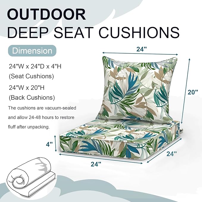 Outdoor Deep Seat Cushion Set, Water Repellent 24"x24" Patio Thick Cushions Replacement with Seat & Back Pillow for Patio Sofa, Wicker Chair, Couch - Lush Leaf Green