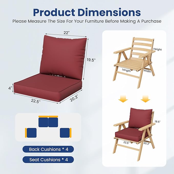 UDPATIO Outdoor Cushions for Patio Furniture, 4'' Replacement Cushions for Outdoor Furniture, 4 Seat Water-Resistant Outdoor Sectional for Sofa Couch Chair(Burgundy)