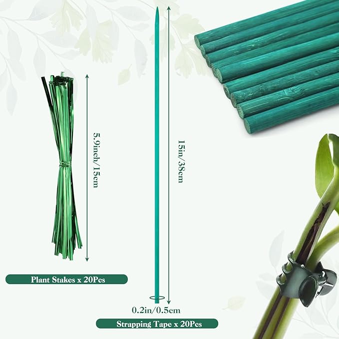 40Pcs Plant Clips and 20Pcs Bamboo Garden Stakes for Tomato Orchid with 20Pcs Metallic Twist Ties, Plant Stem Support Plant Stakes for Indoor Outdoor Vine Plants