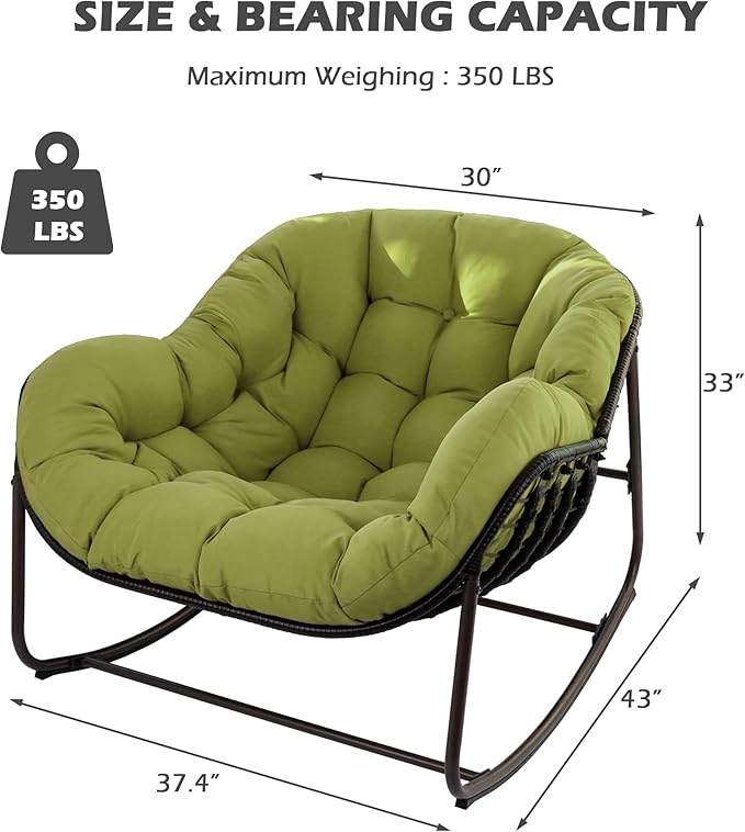 Papasan Rocking Chair, Oversized Papasan Chair with Cushion and Frame for Indoor& Outdoor, Deep Seat Egg-Shaped Rocker Chair for Garden, Deck, Living Room, Green
