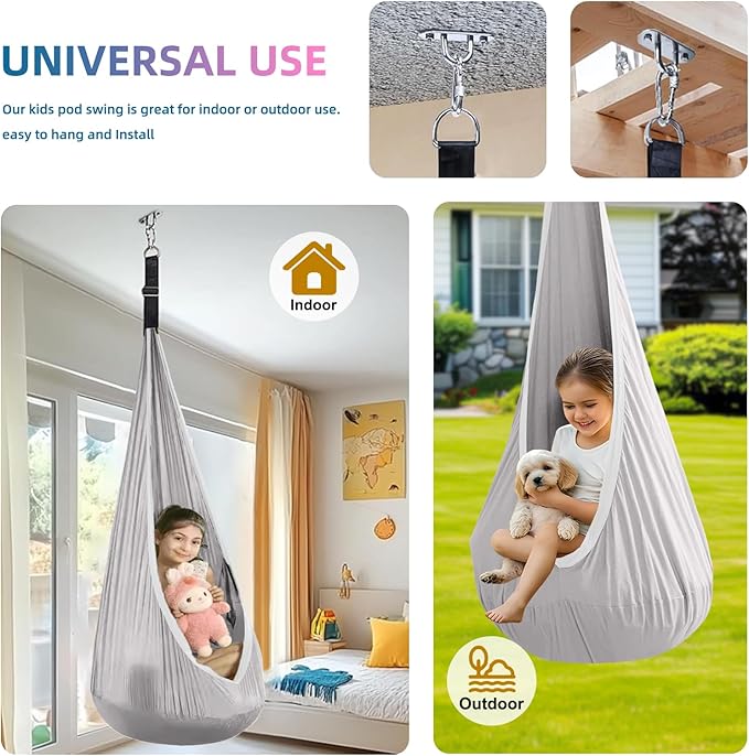 Kids Swing Seat Hammock Chair Indoor Outdoor Hanging Chair for Children,Soft & Safe with High Weight Capacity, Easy Install Perfect for Bedroom, Garden, Playroom (Gray)