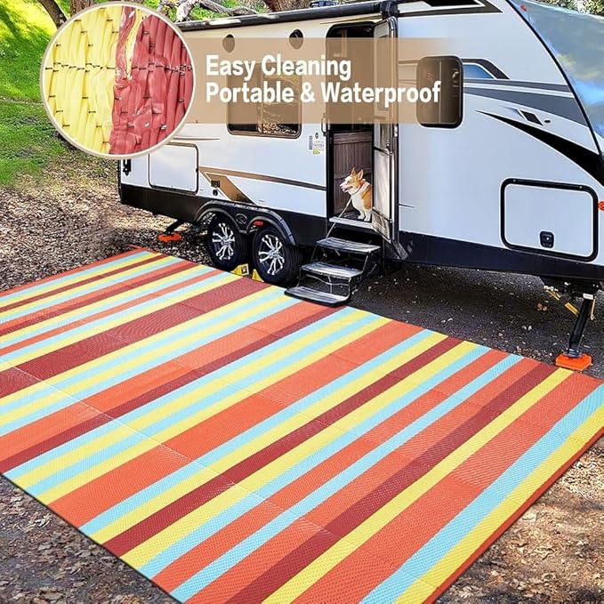 HUGEAR Outdoor Waterproof Rug 8'x10' Plastic Straw Rugs Washable Reversible Floor Mat Rainbow Stripe Carpet for Camping RV Deck Entryance Porch Picnic Balcony Beach Backyard