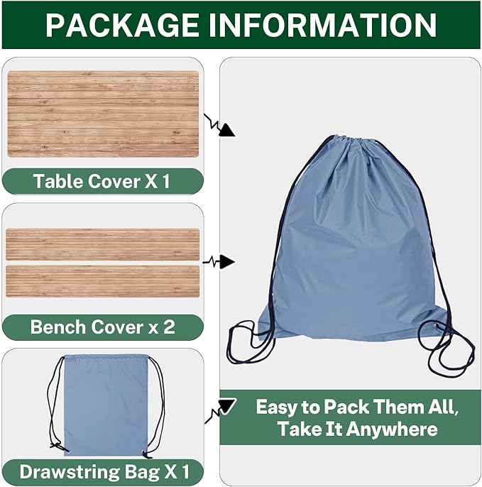 Picnic Table Cover with Bench Covers Elastic Edges, Brown Wooden Fitted Table Cover, Outdoor Patio Camping Essentials 72 Inch 3PCS, Waterproof Camping Fitted Tablecloth with Drawstring Bag