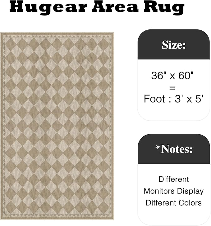 HUGEAR 3x5 Outdoor Rug Brown/Beige Linen-Look Fabric Checkered Area Rug High Traffic Stain Resistant Easy Clean Durable Rugs for Indoor/Outdoor Patio Deck Balcony Porch Garden Courtyard