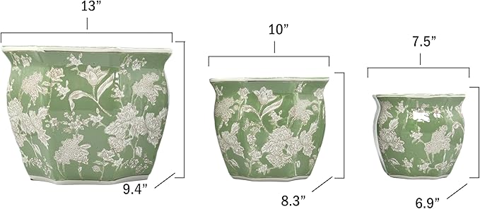 Galt International Green & White Round Fluted Floral Porcelain Ceramic Plant Flower Planter Pot Set of 3 (7.5", 10", 13") Garden Pots Chinese Asian Design