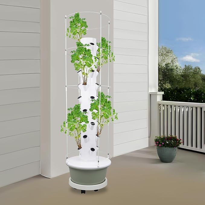 Hydroponic Growing Tower with Climbing Trellis, 30L Water Tank & Automatic Timer, Indoor Outdoor Vertical Garden System for Vegetables Herbs Strawberries (Light Green - 36 Holes)