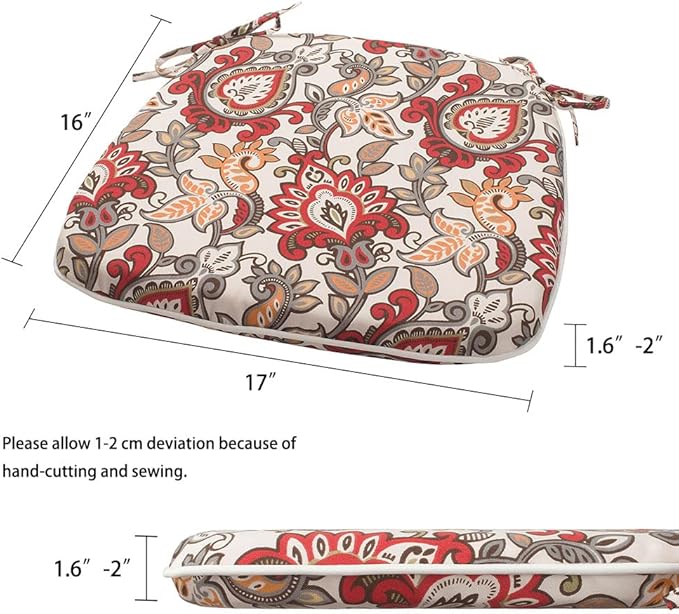 Magpie Fabrics Outdoor/Indoor 17"x16"x2" Chair Cushions with Ties Set of 4, Waterproof All Weather U-Shape Seat Pads Decoration for Patio Garden Furniture Home Office (Botanical Red Orange)